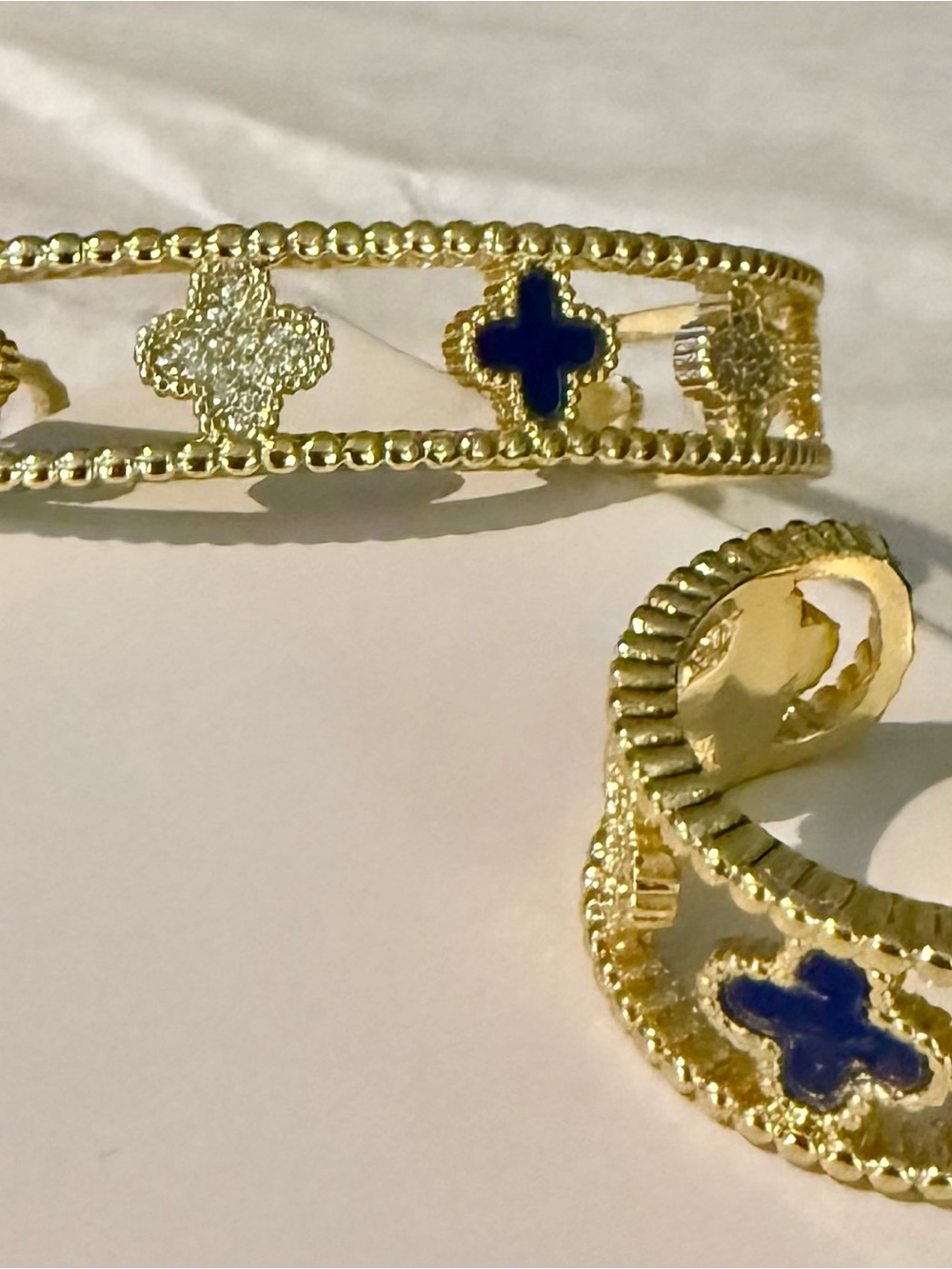 Gold & Blue Clover Cuff Bracelet + Ring Set